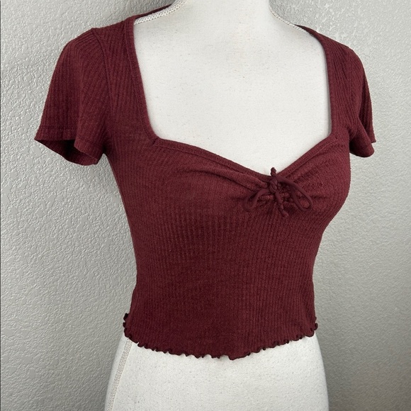 Abercrombie & Fitch Y2K 90's Burgundy Ribbed Lettuce Trim Crop Top Size XS - Picture 2 of 7